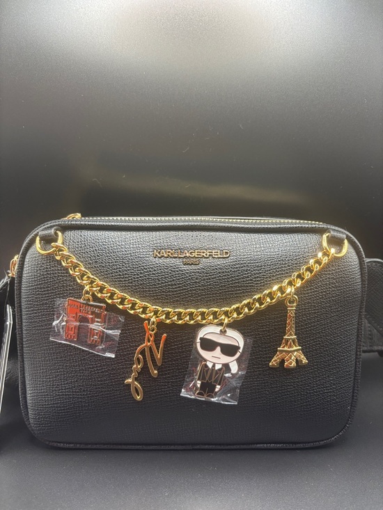 Karl Lagerfeld Handbags - Karl Lagerfeld Black Pebbled Crossbody with Gold Charm Chain